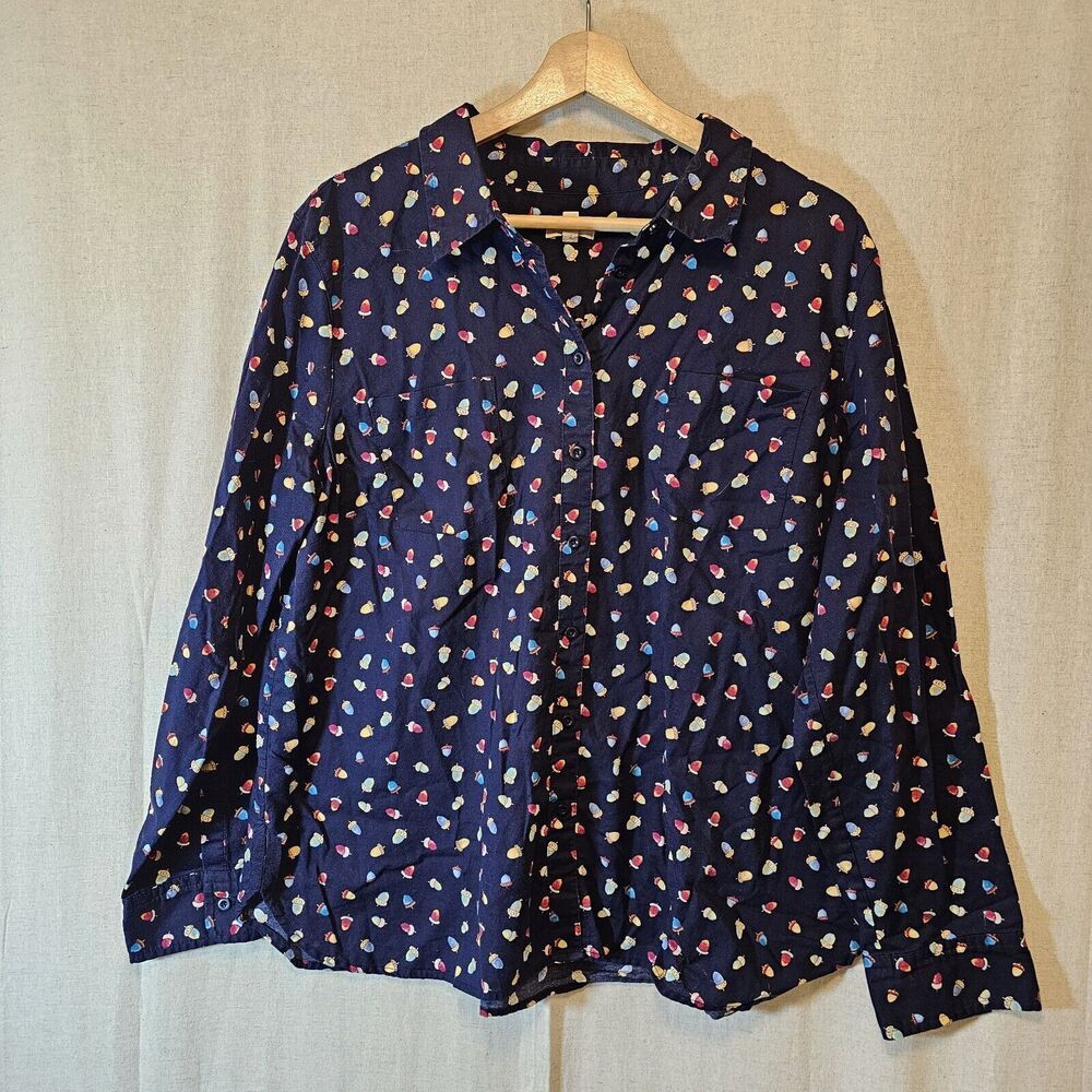Talbots Petites Women's  Button Front Camp Shirt Navy With Colorful Acorns XLp - Picture 2 of 9